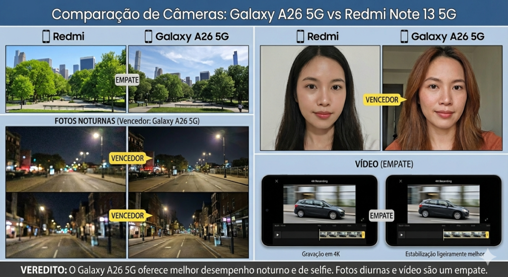 Imagens tiradas pelas câmeras do Galaxy A26 5G e Redmi Note 13 5G.