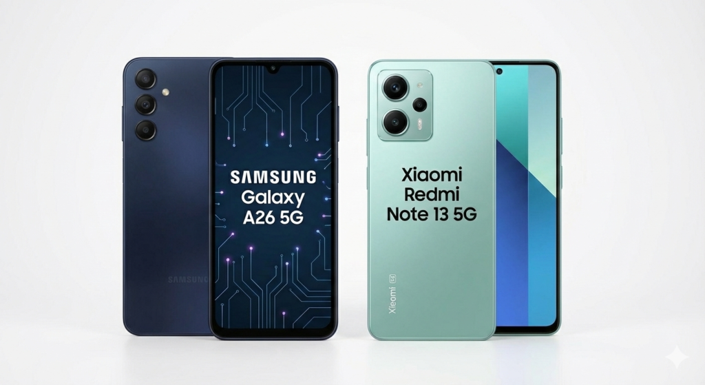 Design do Galaxy A26 5G vs Redmi Note 13 5G.