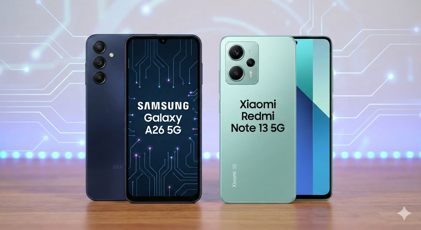 Galaxy A26 5G e Redmi Note 13 5G lado a lado em comparação de custo-benefício.